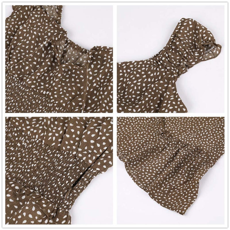 YOBECHO Womens Summer Ruffle Sleeve Sweetheart Neckline Printing Dress Mini Dress (Small, Khaki) - Image 4